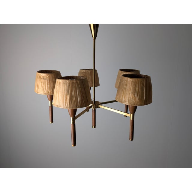 Danish 5-Arm Chandelier in Wood and Brass, 1950s For Sale - Image 18 of 18