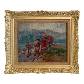 German School 1955 Signed Oil Painting Ox Cart Rural Landscape Framed Art For Sale
