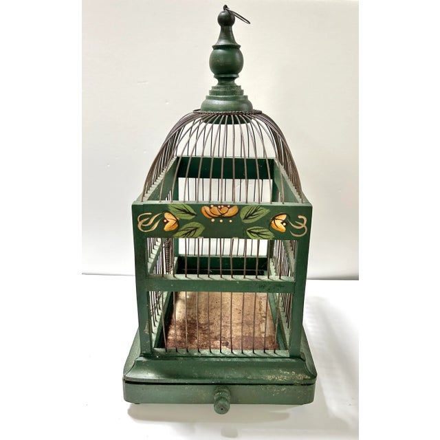 Antique Hand-Painted Green Wood and Wire Birdcage For Sale - Image 4 of 11