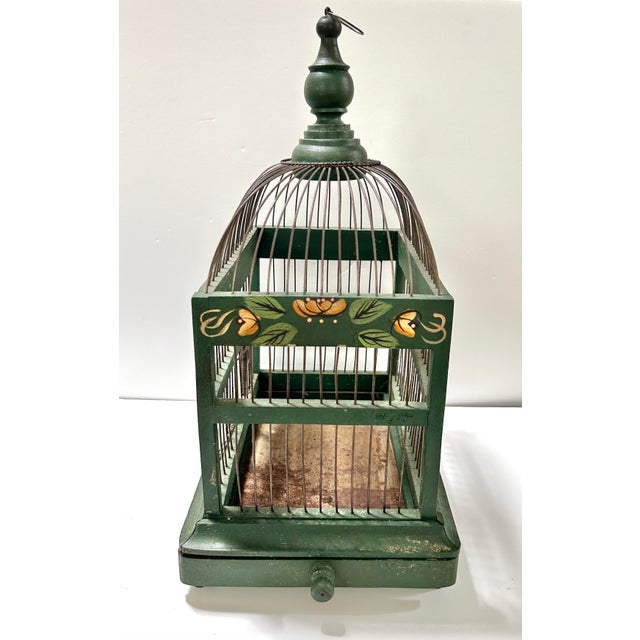 Antique Wire Birdcage Handpainted in Green For Sale - Image 4 of 11
