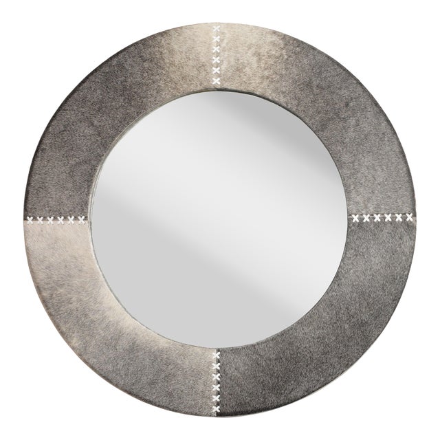 Jamie Young Round Cross Stitch Mirror in Grey Cow Hide & Leather, Large For Sale