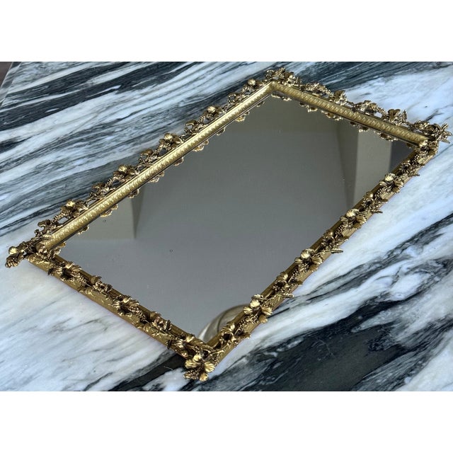Hibiscus Motif Vintage Gold Tone Plateau or Vanity Tray For Sale - Image 4 of 11