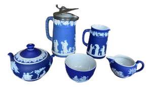 Antique Blue & White Wedgwood Porcelain Coffee Breakfast Service- 5 Pieces