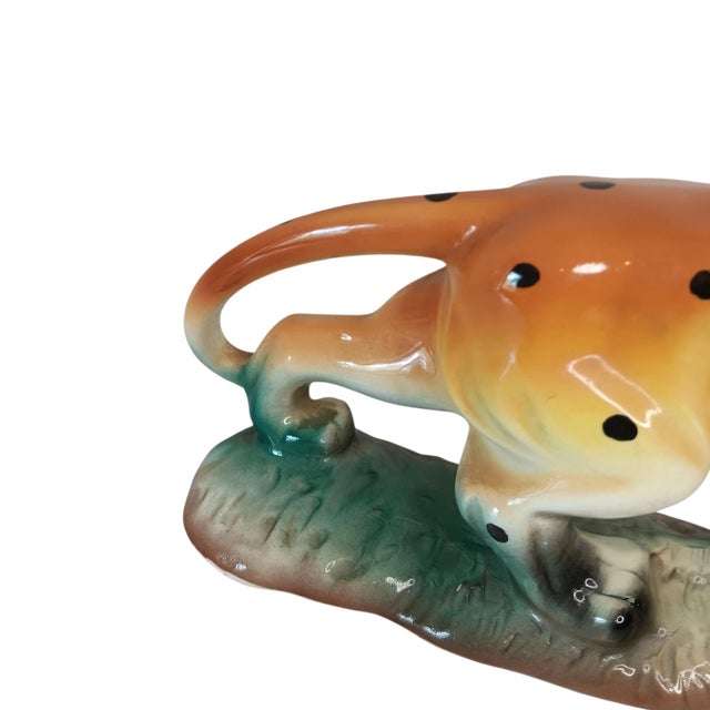 Vintage Ceramic Leopard Cheetah Statue Figurine on Green & Brown Base 12" X 3" X 6" Made in Japan For Sale - Image 11 of 17