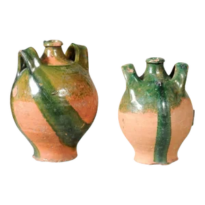French Provincial Napoléon III Era Green Glazed Pottery Jugs, Circa 1850