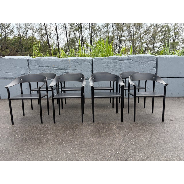 Set of Eight Attributed Artelano Black Leather Arm Chairs, Italy 1980s For Sale - Image 14 of 18