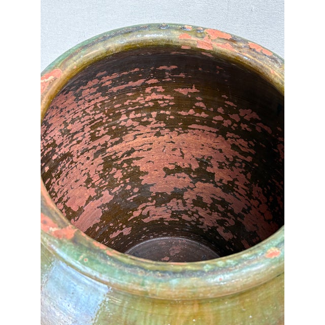 Antique Earthenware Storage Jar With Green Glaze and Staple Repair For Sale - Image 6 of 9
