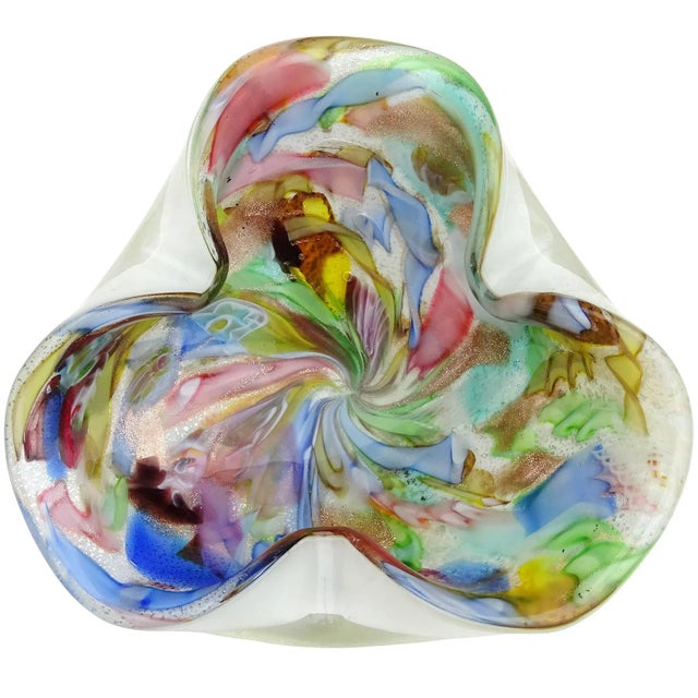 Glass Murano AVeM White Millefiori Flower Silver Flecks Twisting Ribbons Vintage Italian Art Glass Bowl For Sale - Image 7 of 7
