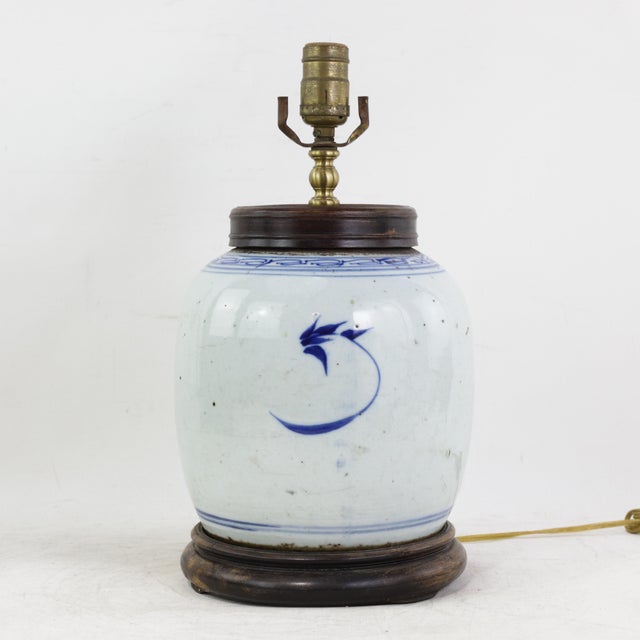 Blue and White Antique Porcelain Vase Lamp With Cobalt Floral Motif on Wood Base For Sale - Image 4 of 16