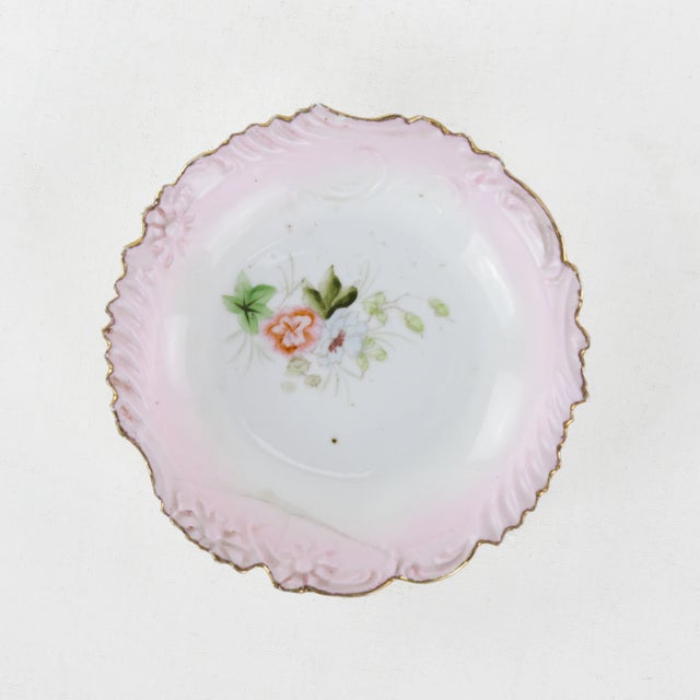 White Victorian Pink and Gold Porcelain Dessert Dish - Hand-Painted Floral Bowl For Sale - Image 8 of 8