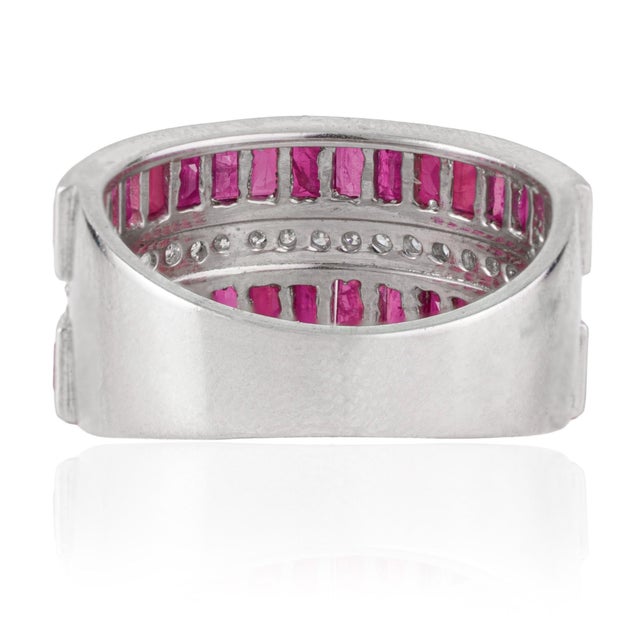 Metal Art Deco Baguette Cut 3.16 Ct Ruby & Diamond Wide Anniversary Band Ring, Size 7 For Sale - Image 7 of 14