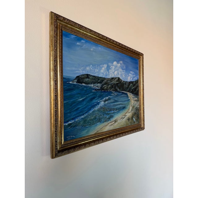 A beautiful 1982 original oil on canvas by Yarda Grish, depicting a serene coastal landscape with turquoise waters,...