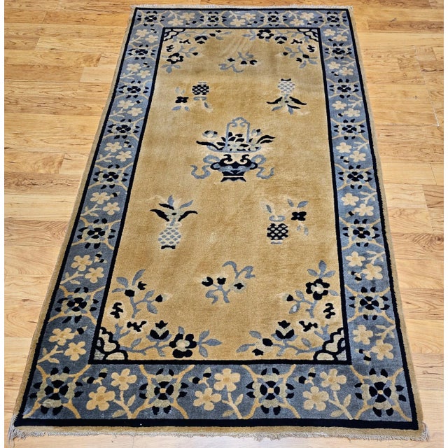 Mid 20th Century Vintage Chinese Art Deco Rug, Hand-Knotted Wool, Tan & Blue, 1900s For Sale - Image 5 of 12