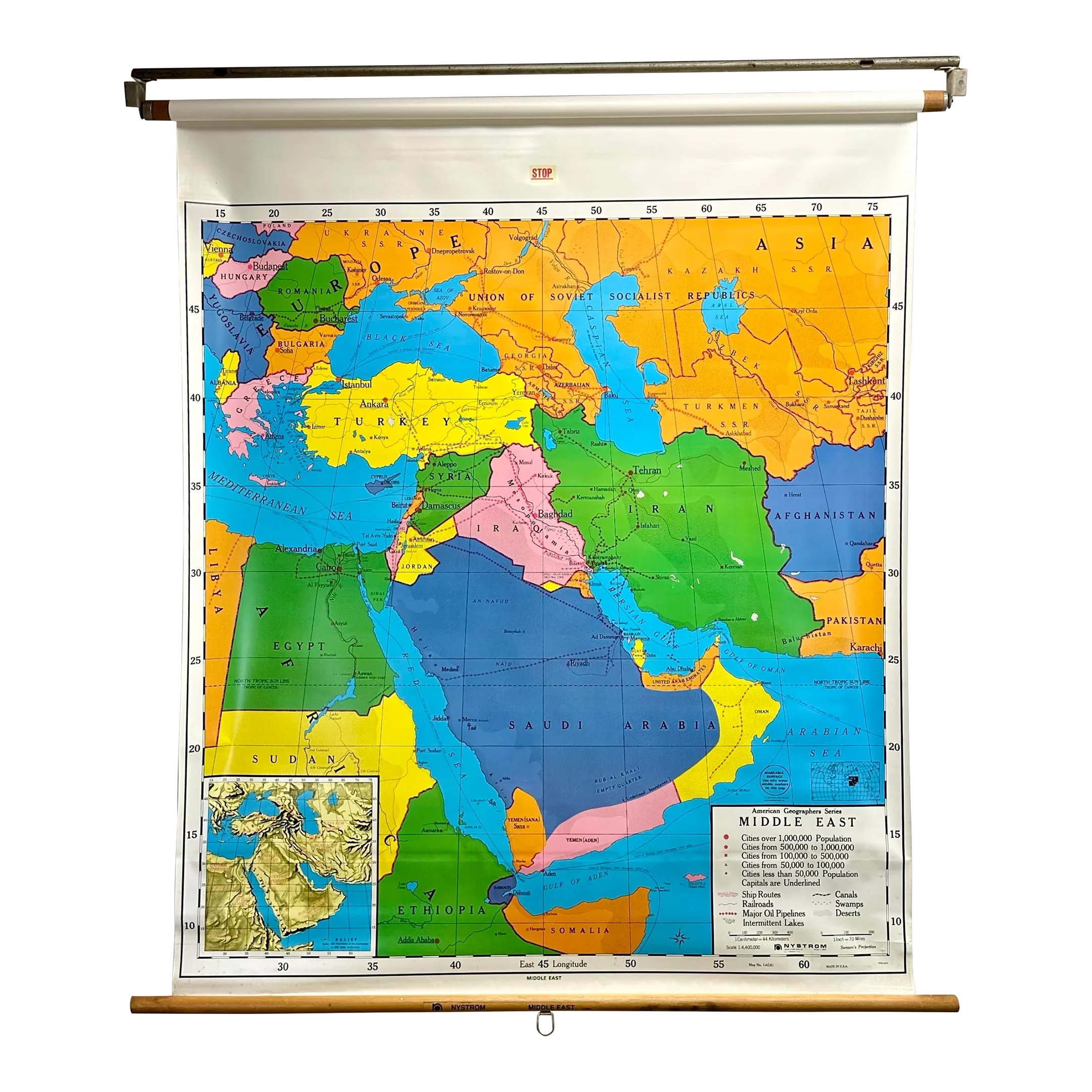 Vintage Nystrom Middle East Roll-Up School Wall Map 1ag81 | Chairish