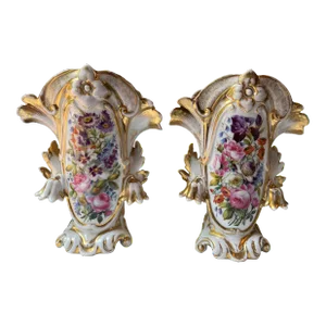 Pair of Antique 19th Century Hand-Painted and Gilt Floral Old Paris Porcelain Spill Vases