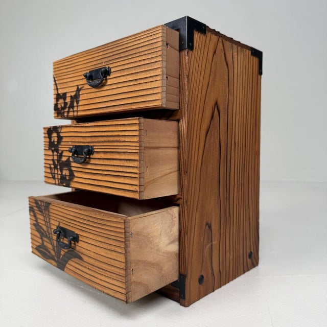 Contemporary Vintage Japanese Sugi Drawer Cabinet with Floral Decor, 1980s For Sale - Image 3 of 10