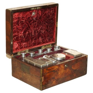 Antique Hardwood Vanity Box with Sterling Silver Pieces, 1810, Set of 11 For Sale