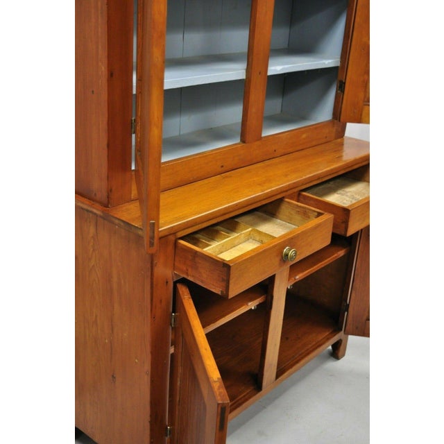 Antique 19th Century Pine Wood Blind Doors Step Back Cupboard Hutch