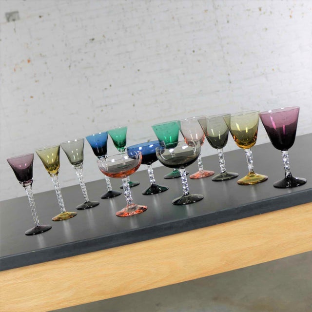 Set of 13 Pieces Multi Color Stemware in Three Sizes With Twisted Clear