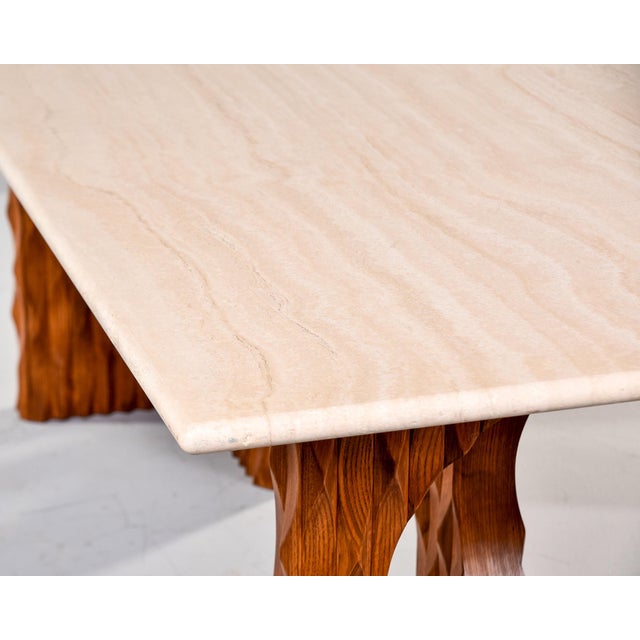 Italian Dining Table With Brutalist Style Carved Legs and Travertine Top For Sale - Image 9 of 11