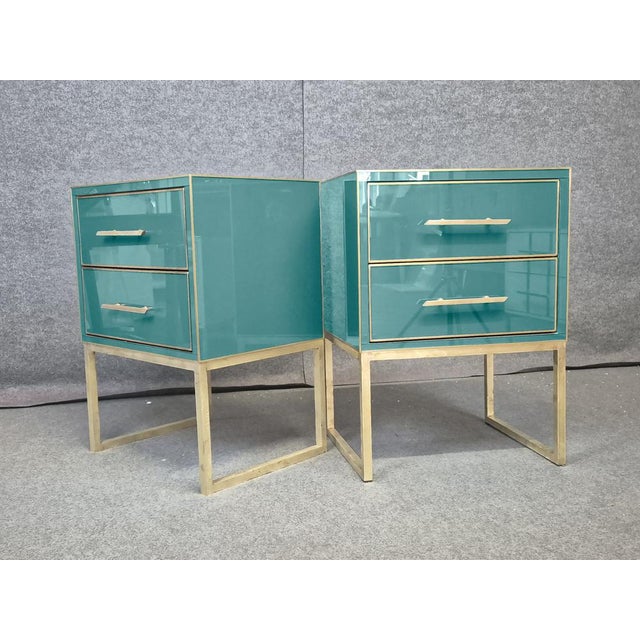 Mid-Century Modern Italian Bedside Tables in Green Murano Glass by Justfurnituress Designer, Set of 2 For Sale - Image 3 of 9