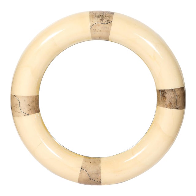 Mid-Century Modernist Cream Lacquered Goat Skin Round Mirror by Karl Springer For Sale