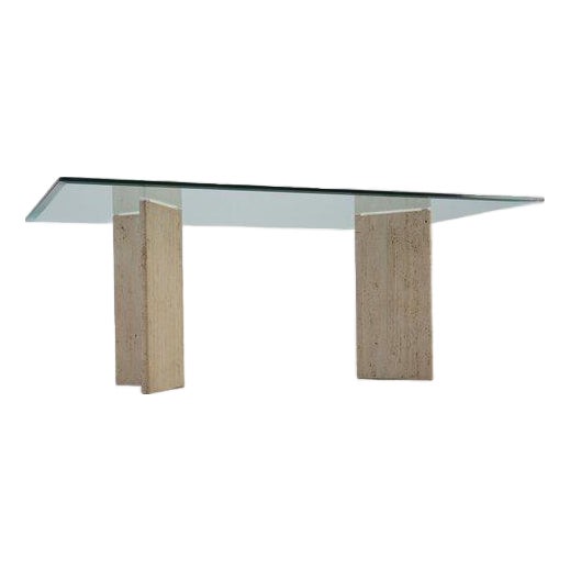 Mid‑Century Italian Dining Table With Glass Top and Travertine Base, 1970s For Sale
