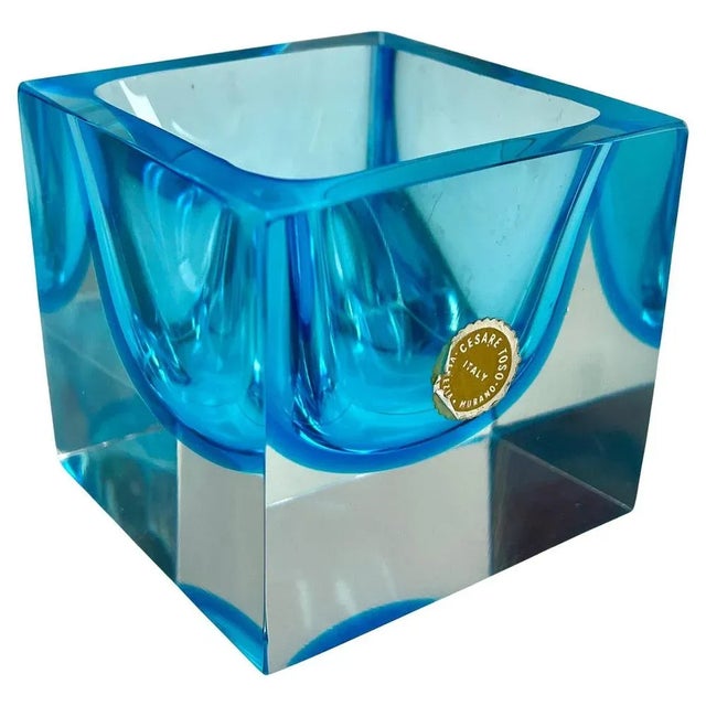 Label Block Vase with Light Blue Core by Murano Cesare Toso, 1970s For Sale - Image 9 of 9