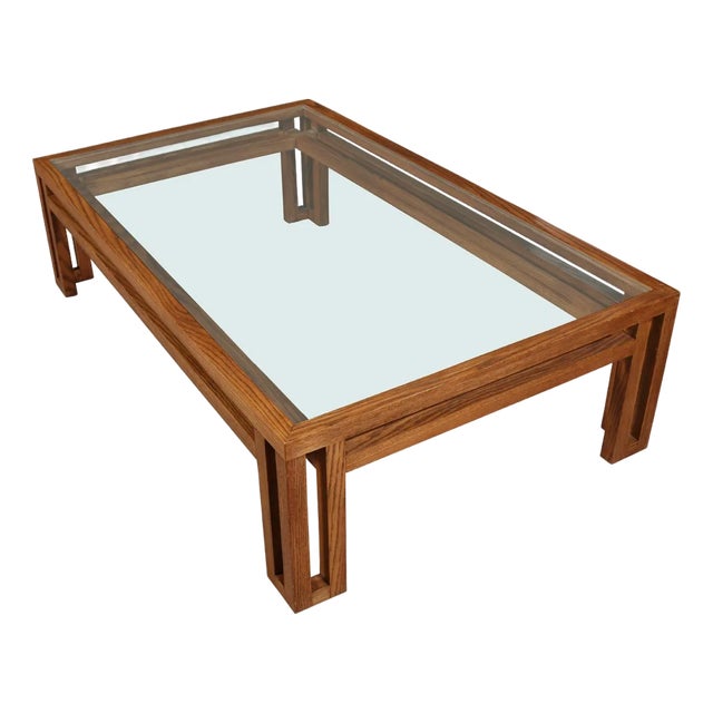 Large Custom Billy Baldwin Oak and Glass Cocktail Table For Sale