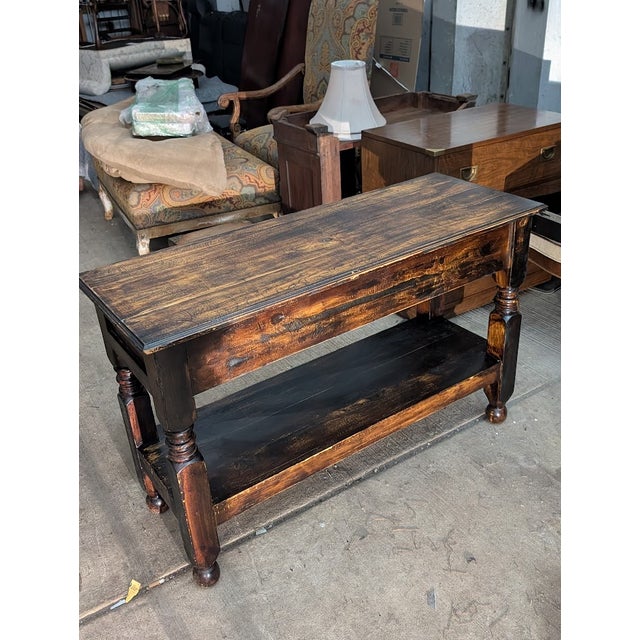 MId 20th Century Rustic Distressed Black Wood Console Table With Drawer and Equestrian Ring Pulls For Sale - Image 10 of 11