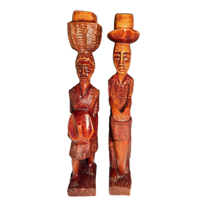 Mid Century Hand Carved Folk Art Tribal African Wood 14” Table Mount Sculpture Figurines - Man & Woman