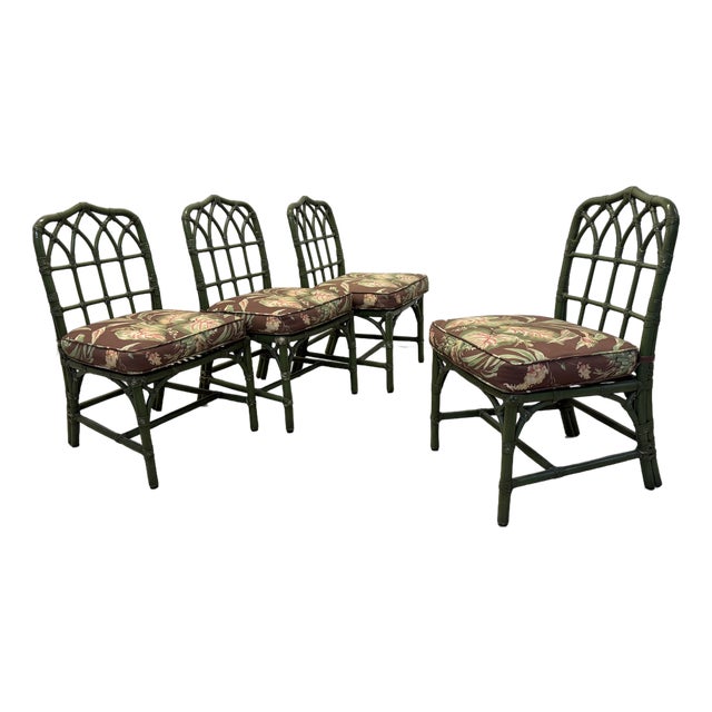 McGuire Bamboo Dining Chairs With Tropical Fabric Cushions - Set of Four For Sale