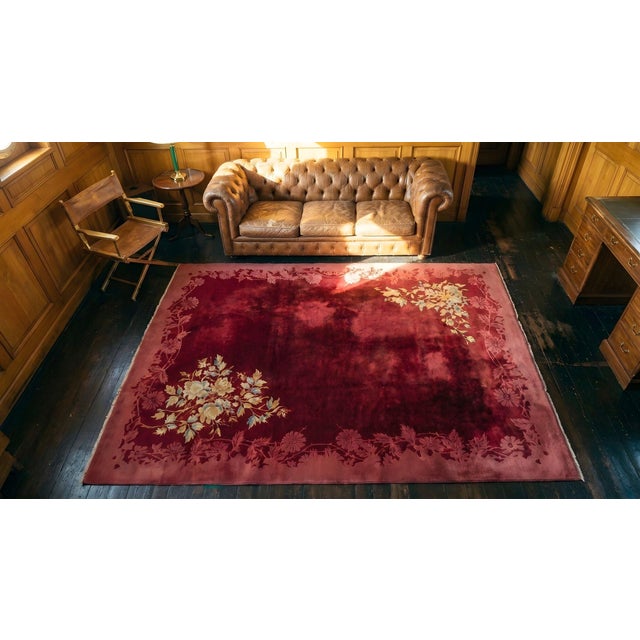 1920s Red Wine Open Field Daisies Floral Antique Chinese Art Deco Rug For Sale - Image 10 of 12