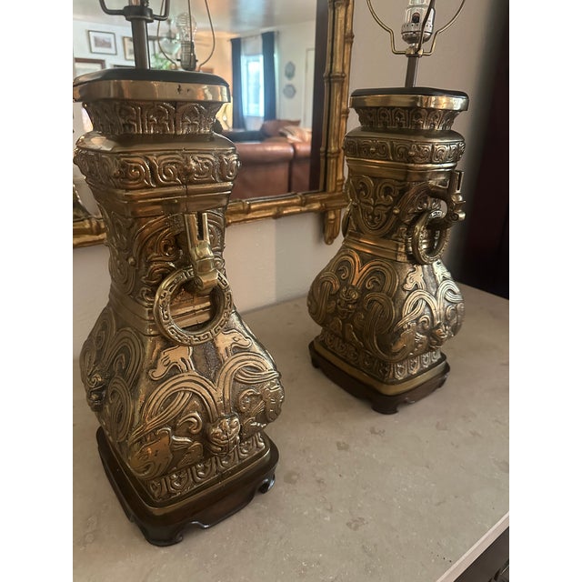 Mid-Century Modern Vintage Brass Urn Table Lamps With Elaborate Asian-Inspired Relief - Pair For Sale - Image 3 of 11