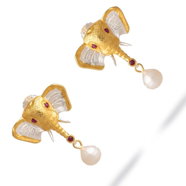 Contemporary Guardian Elephant Ruby & Pearl Earrings, A Pair For Sale - Image 3 of 7