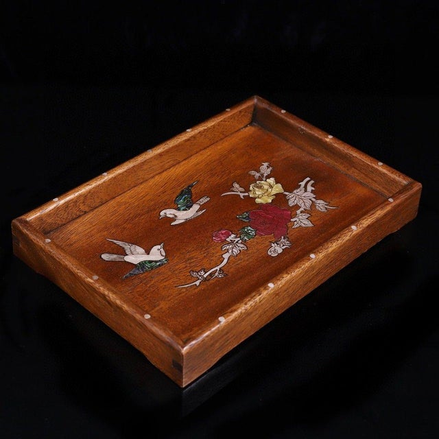 Huali Rosewood Tray Inlaid With Mother-of-Pearl Birds & Roses For Sale - Image 9 of 9