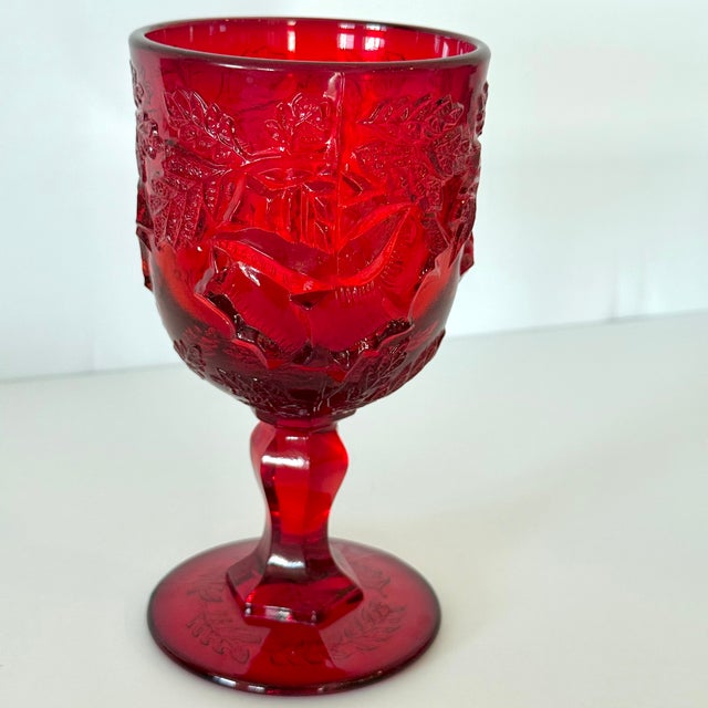 Mid-Century Modern 1970s Madonna Inn Ruby Red Glasses, Leaf Pattern Goblet, Fenton / Wright Set of 2 For Sale - Image 3 of 13