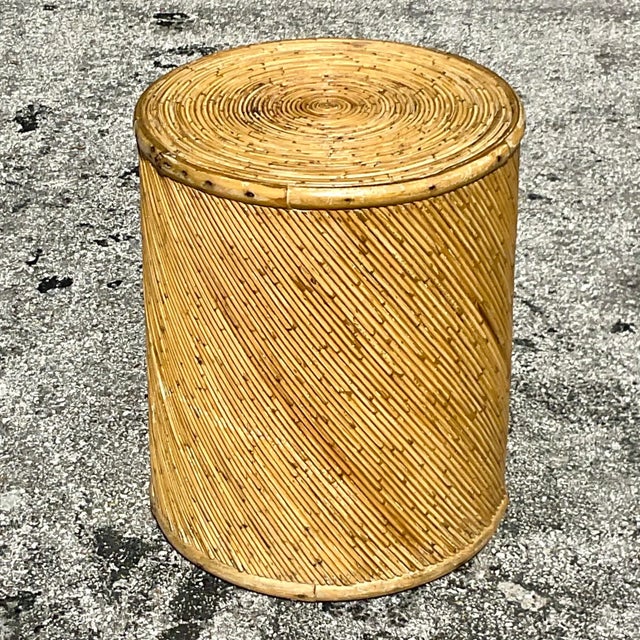 Vintage Coastal Pencil Reed Drum Side Table For Sale - Image 4 of 5
