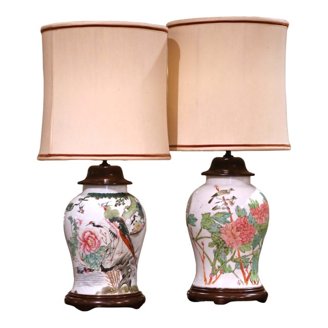 Pair of Mid 20th Century Chinese Famille Rose Porcelain Lamps With Birds, Flowers and Calligraphy For Sale