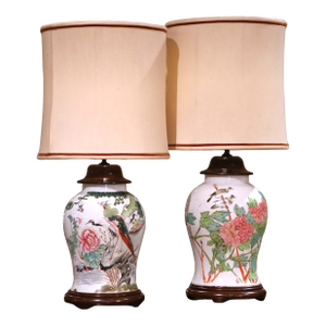 Pair of Mid 20th Century Chinese Famille Rose Porcelain Lamps With Birds, Flowers and Calligraphy