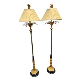 Pair of Vintage Mid-Century Hollywood Regency Brass Palm Floor Lamps in Gold and Black For Sale