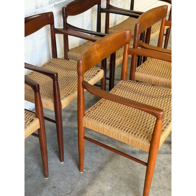 In Style of h.w. Klein for Bramin Teak and Rosewood Woven Cord Dining Armchairs Set of 6 Danish Mid-Century Modern 1960s For Sale In Los Angeles - Image 6 of 10
