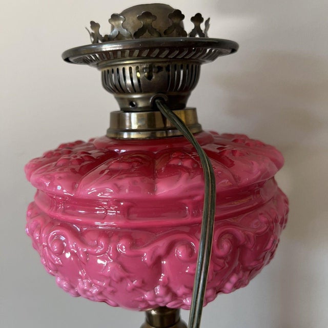Mid 19th Century Antique Victorian Cranberry Pink Milk Glass Oil Lantern Turned Into Electric Parlor Lamp For Sale - Image 5 of 14
