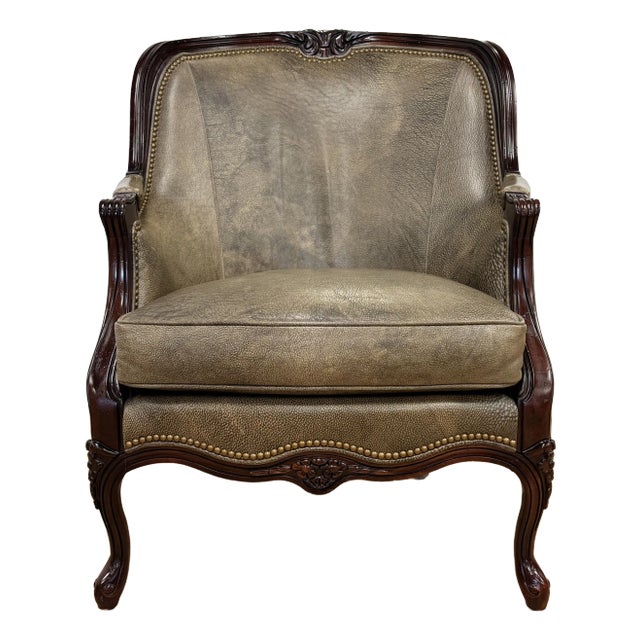 Vintage Hancock & Moore Gray Leather Bergere Chair For Sale