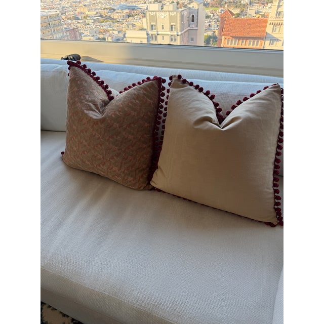 Fortuny Venezia fabric decorative pillows Tassel trim Red Richelieutiger pattern Size 22” x 22” Down insert included Back...