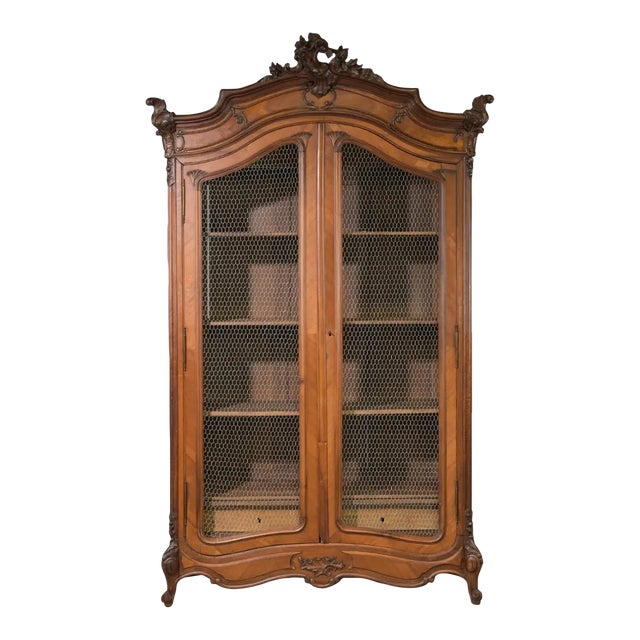French Louis XV Style Walnut Double Door Grilled Cabinet Cupboard For Sale