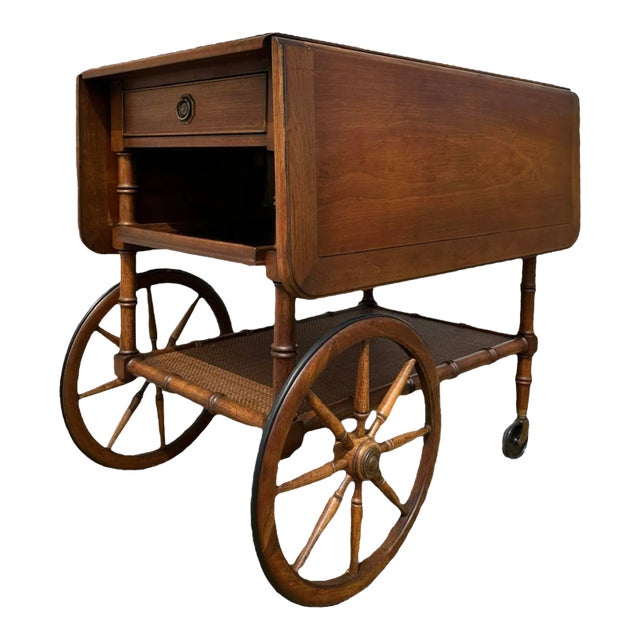 Vintage Wood Rolling Bar Cart by Hekman With Faux Bamboo, Woven Rattan, Large Wheels and Expanding Drop Leaf Table Top For Sale
