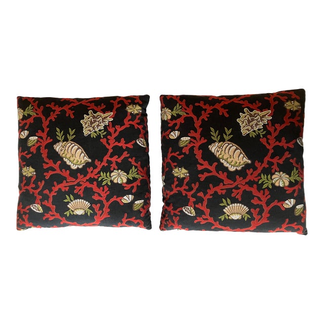 Large Pair of Scalamandre Pillows Black, Red, Gold Sea-Themed Embroidery For Sale