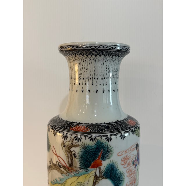 Mid 20th Century Vintage Chinese Famille Rose Scholar Scene Porcelain Vase 13.25” Tall For Sale - Image 5 of 12
