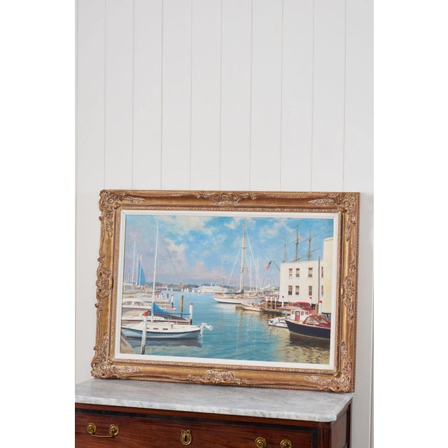 Mid 20th Century Mid 20th Century Signed Oil on Board by Kenneth Raymond Denton (British; 1932–2024) | 'The Harbour at Newport, Ri' For Sale - Image 5 of 6